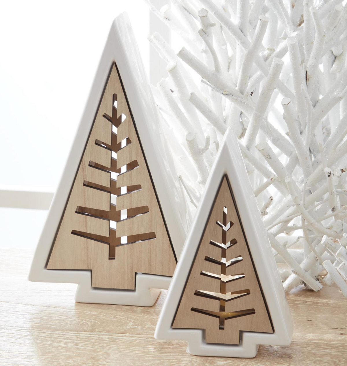 White Dolomite Wood Cutout Insert Trees w/Led Light