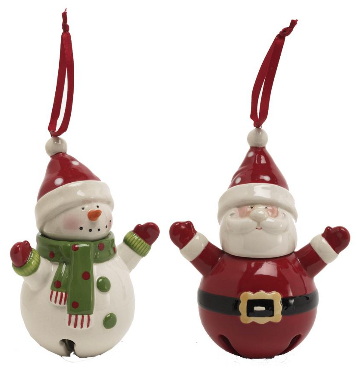 Snowman & Santa w/Arms Up Bell Ornaments