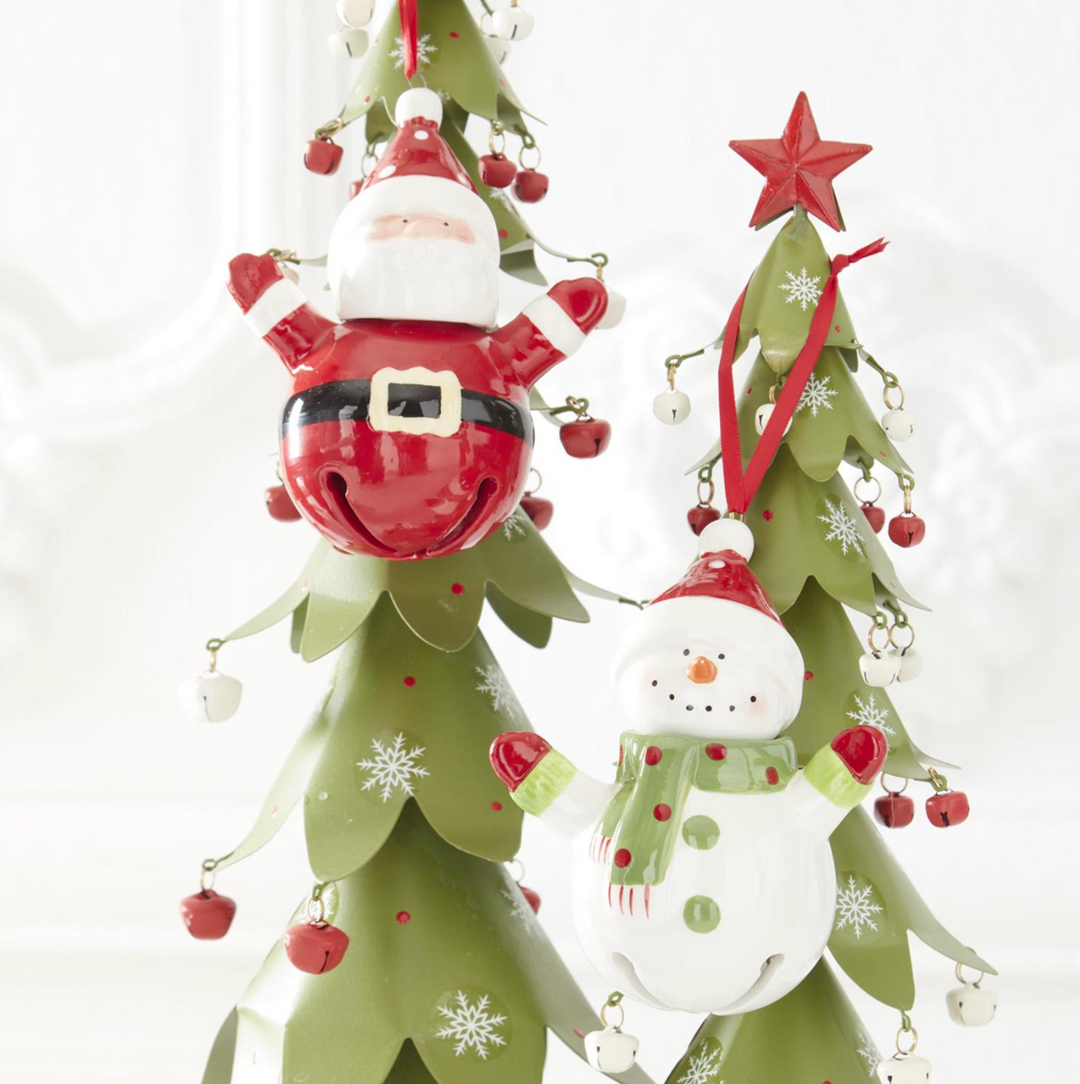 Snowman & Santa w/Arms Up Bell Ornaments