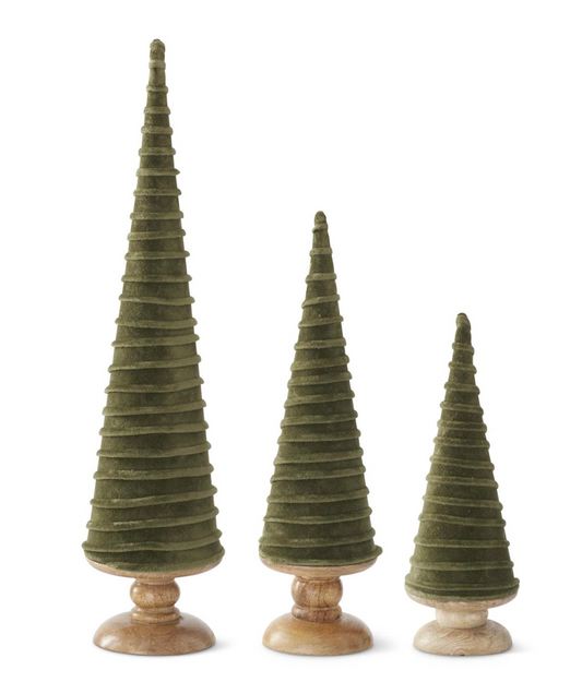 Set of 3 Green Velvet Swirl Christmas Trees w/Wood Bases