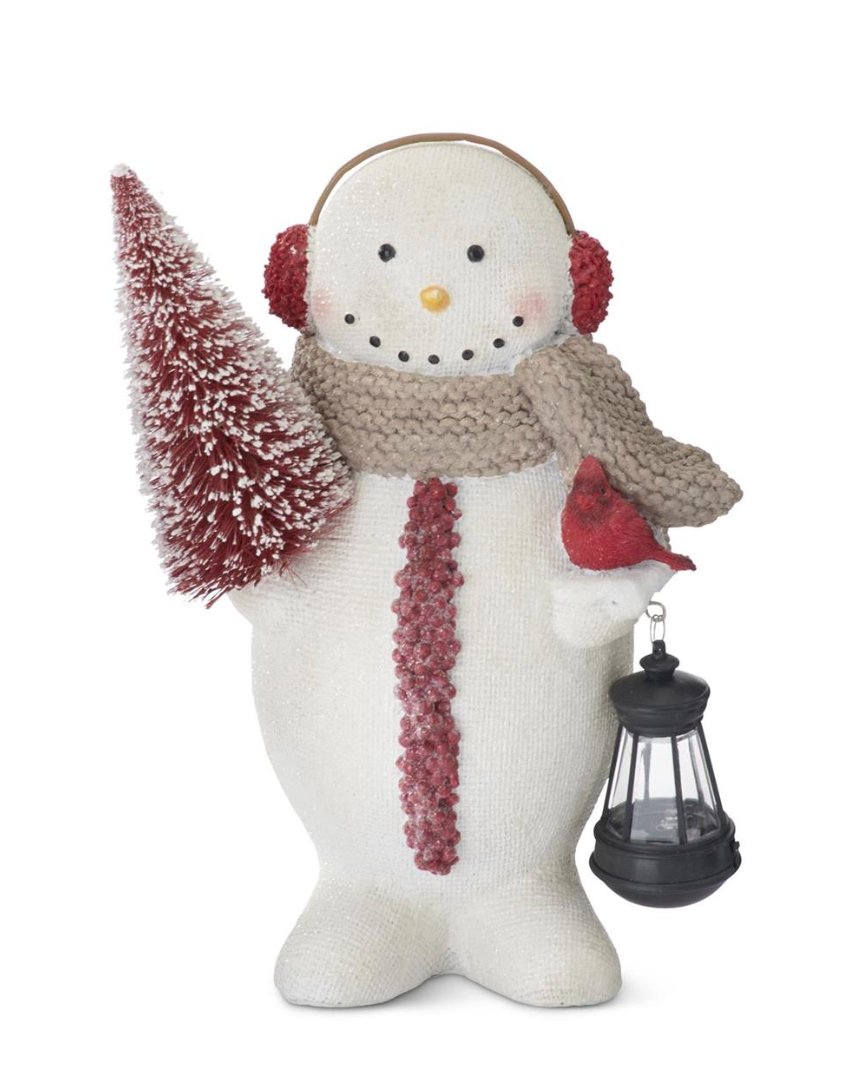 9.75 Inch Resin Burlap Textured Snowman w/Red Bottle Brush Tree & Solar Light