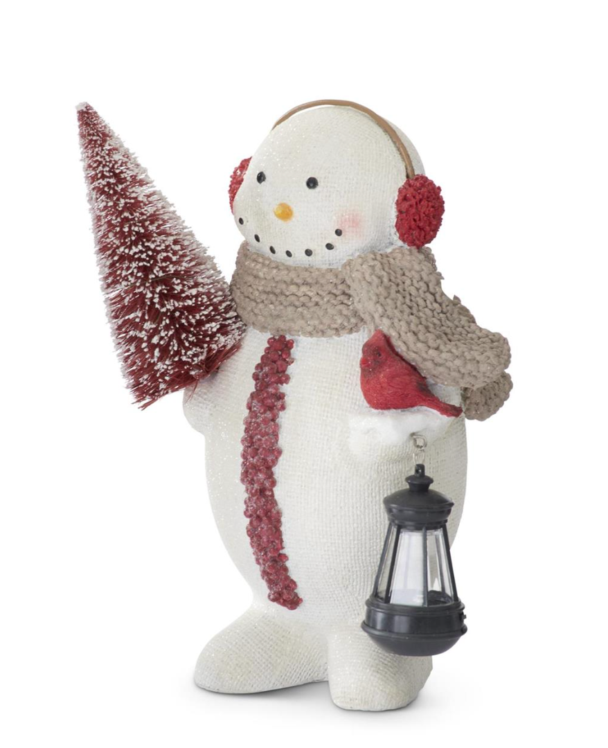 9.75 Inch Resin Burlap Textured Snowman w/Red Bottle Brush Tree & Solar Light