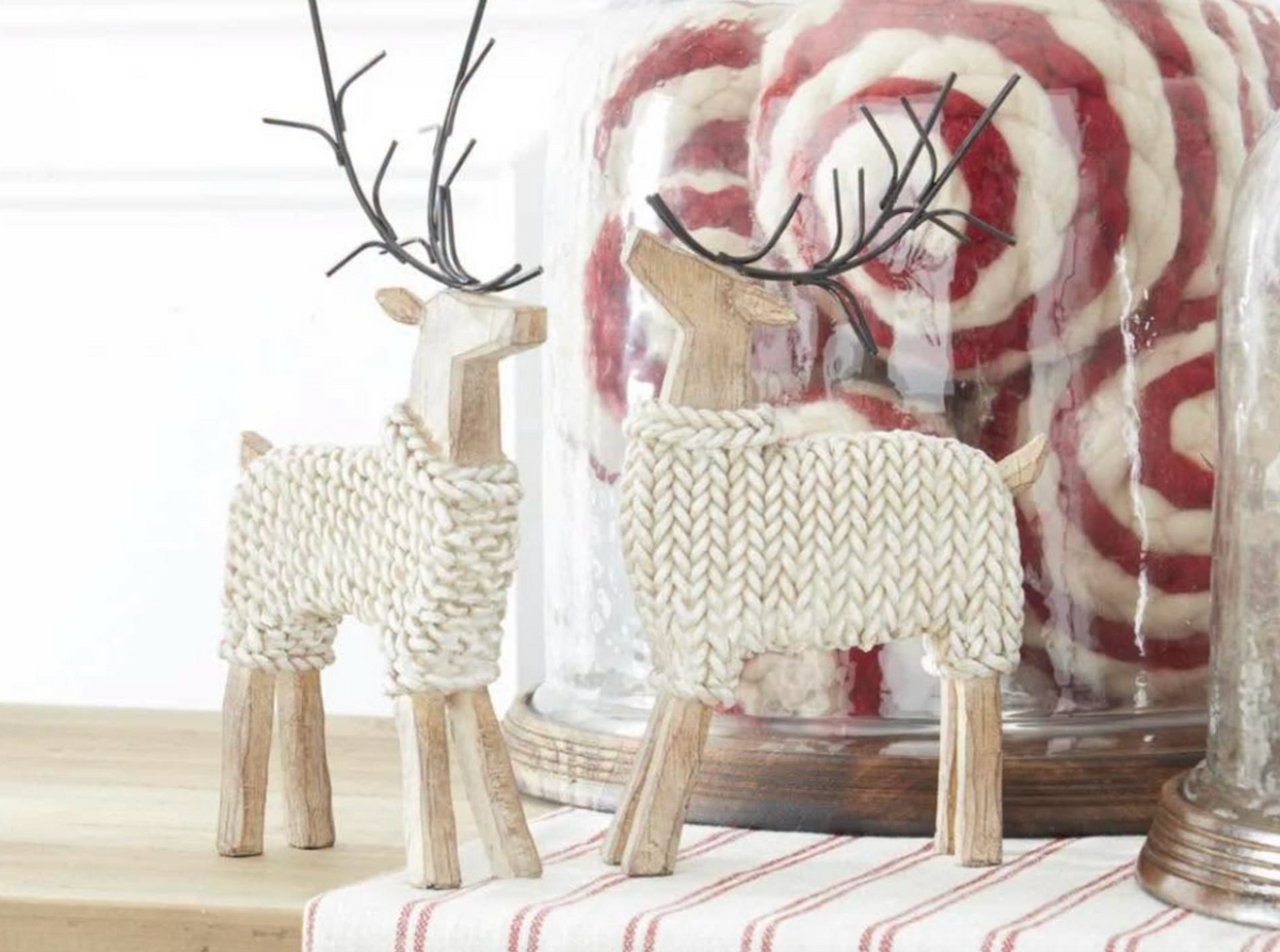Resin Deer In Cream Sweaters w/Metal Antlers - 11 inches