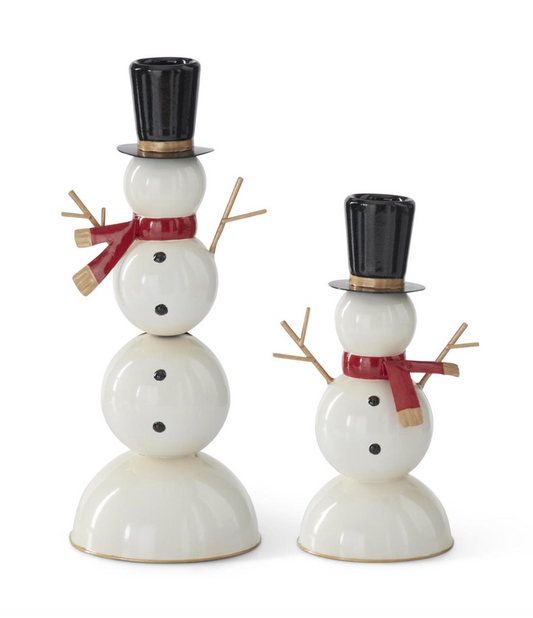 Set of 2 Black & White Metal Snowmen w/Red Scarves Taper Candleholder