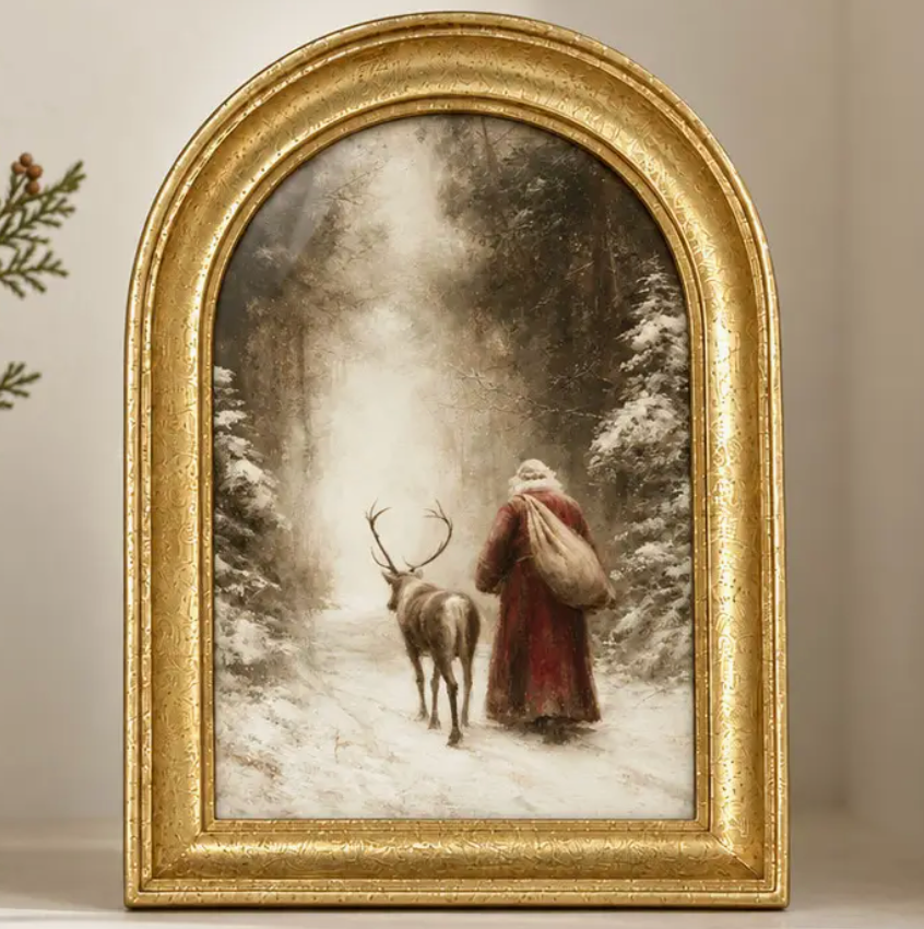 Gold Arch Framed Old World Santa Walking Reindeer Art Print