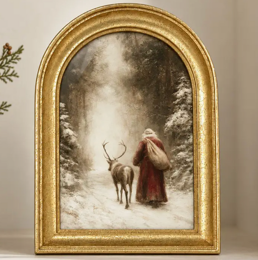 Gold Arch Framed Old World Santa Walking Reindeer Art Print