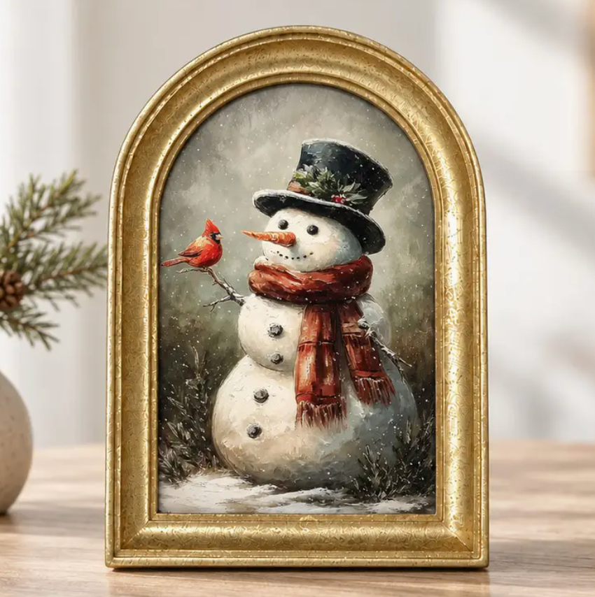 Gold Arch Framed Storybook Christmas Snowman Art Print