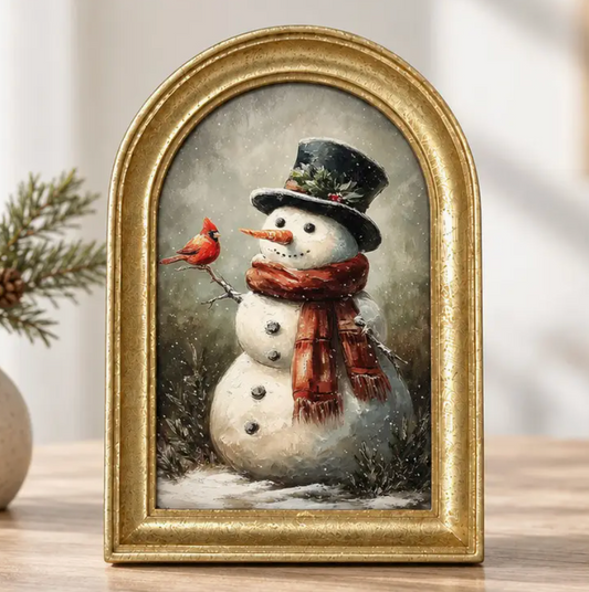 Gold Arch Framed Storybook Christmas Snowman Art Print
