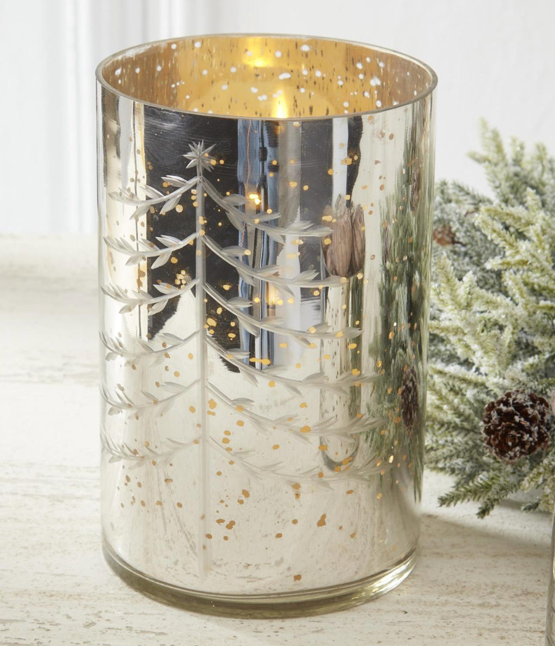 Silver Mercury Glass Candleholders w/Christmas Tree